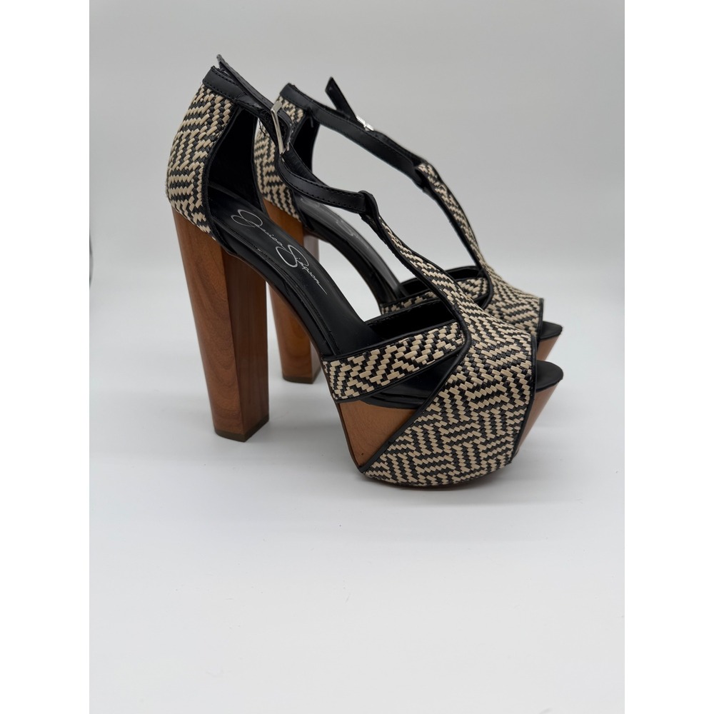 Jessica Simpson Woven Chevron Platform Sandals Wood Block 6" Heel 6.5B